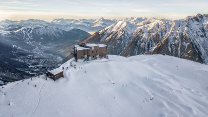 Fototapeta na wymiar Aerial drone view of Cable Car staion on Aiguille du plan, Mont Blanc, French Alps