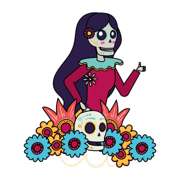 katrina skull with floral hair decoration comic character