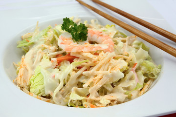 Chinese salad dish with shrimp and soy sprouts	