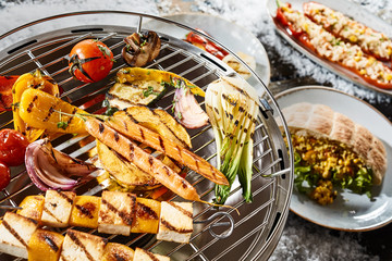 Bean curd or halloumi and butternut kebabs