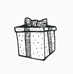 gift box present, wrapped with a ribbon. isolated hand-drawn vector illustration