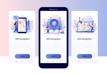 GPS navigation concept. Tiny people search on location. Online map. We have moved. Screen template for mobile smart phone. Modern flat cartoon style. Vector illustration