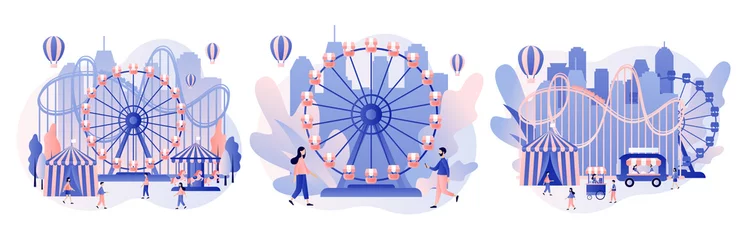 Deurstickers Amusement park concept. Tiny people with carousels, roller coaster, air balloon, circus, fun fair and carnival. Modern flat cartoon style. Vector illustration © Marta Sher