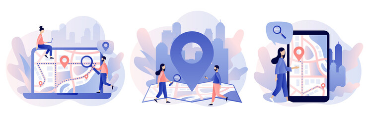 GPS navigation concept. Tiny people search on location. Online map. We have moved. Modern flat cartoon style. Vector illustration - obrazy, fototapety, plakaty
