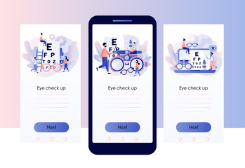 Fototapeta na wymiar Ophthalmology concept. Eye check up. Ophthalmologist checks patient sight. Screen template for mobile smart phone. Modern flat cartoon style. Vector illustration