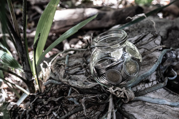Glass jar piggy bank with coins. Plan your savings, run a growing business for success and save for retirement