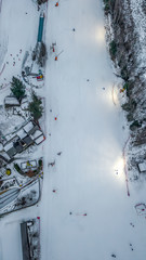Overhead aerial drone view ski slope domaine des planards in Chamonix