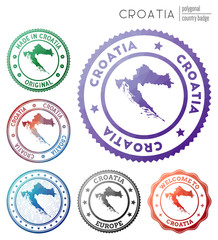 Croatia badge. Colorful polygonal country symbol. Multicolored geometric Croatia logos set. Vector illustration.