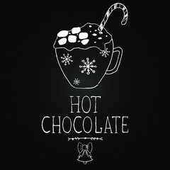 Chalkboard with hand drawn illustrations and lettering. Hot chocolate vector. Winter drinks. Hot chocolate cup.