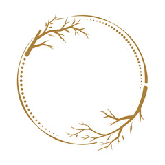Vector round dotted frame with autumn branches decoration. Fall season vintage style template.