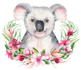 A poster with a koala. Watercolor cartoon koala tropical animal illustration. Jungle exotic summer print.