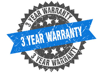 3 year warranty grunge stamp with blue band. 3 year warranty