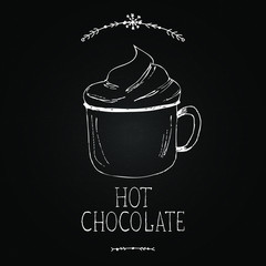 Chalkboard with hand drawn illustrations and lettering. Hot chocolate vector. Winter drinks. Hot chocolate cup.