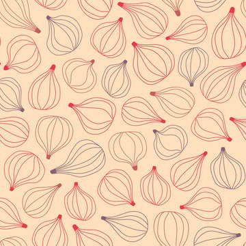 Colorful fig fruit in bright colors on a cream background. Hand drawn seamless vector pattern. Modern botanical illustration for stationery, packaging, fabric, wrapping paper, cards.