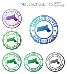Massachusetts badge. Colorful polygonal US state symbol. Multicolored geometric Massachusetts logos set. Vector illustration.
