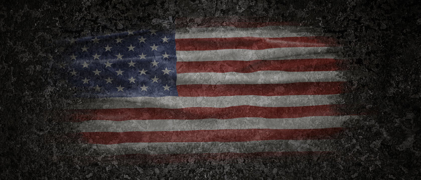 American National Holiday. US Flag with American stars, stripes and national colors. Dark background.