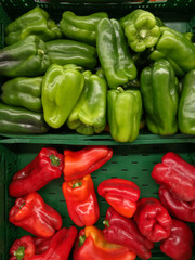 top view of organic red and green peppers in the market