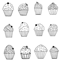 A graphical illustration of a set of cupcakes isolated. Sketch, simple, cute, black lines, ornament, abstract shape. For decoration, for coloring, for children, creativity.