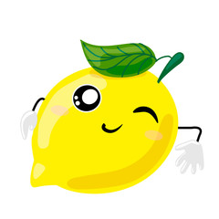 Fruit characters. Smiling cute kawaii yellow lemon reclining winking and smiling. Cartoon Character rests hand wall . Vector