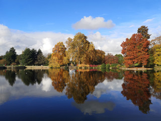 Europe, UK, England, London, Kew Gardens Palm House autumn lake