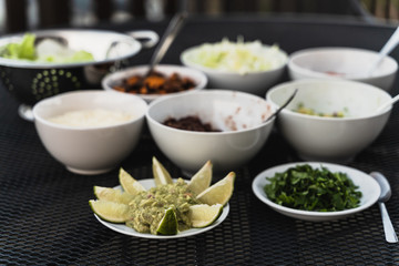 BBQ mexican salad selection in bowls summer