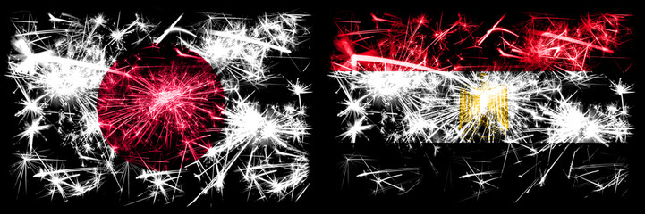 Japan, Japanese vs Egypt, Egyptian New Year celebration sparkling fireworks flags concept background. Combination of two abstract states flags