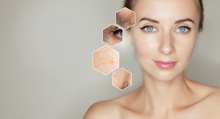 woman face with square zoom photo of old wrinkled skin. Template for design banner with copy space