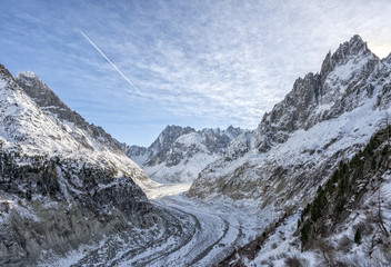 View of massive mer de glace, glacier near Chamonix in French Alps