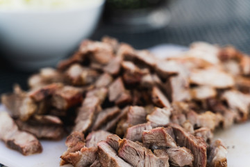 Pork meat chopped into cubes for burritos 
