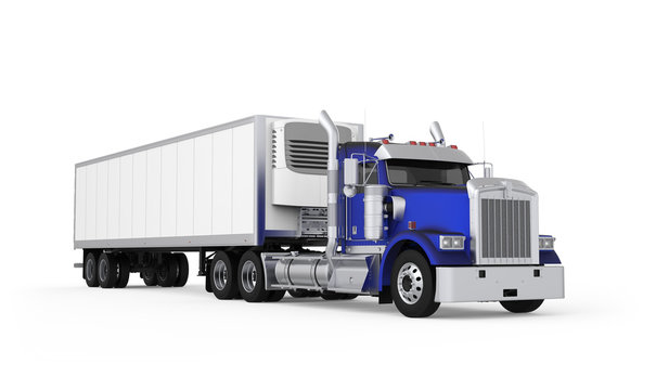 Generic American daily semi truck with refrigerated semi trailer from the front right side, photo realistic isolated 3D illustration on the white background.