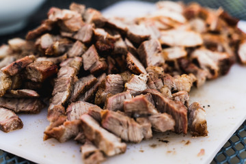Pork meat chopped into cubes for burritos 