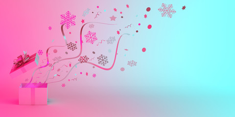 Winter creative concept, opened gift box and glittering confetti on blue pink pastel gradient background. Copy space text area, 3D rendering illustration.