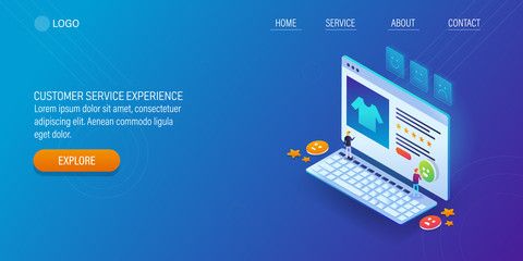 Customer experience, product quality, rating, review concept. Customers giving feedback on product online. Isometric web banner, template.