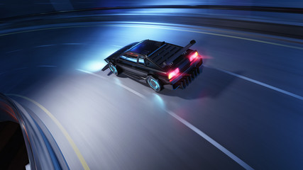 Fototapeta na wymiar Retro Car, fast night drive, 3D Rendering, 3D Illustration