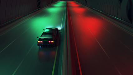 Plakat Retro Car in a Tunnel, fast night drive, 3D Rendering, 3D Illustration