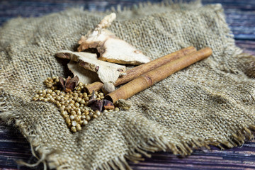 Cinnamon, Thai spices for cooking Lay on the sack