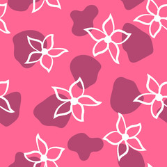 Floral seamless pattern with abstract shapes and outlines of flowers drawn by hand. Simple feminine print. Modern vector illustration.