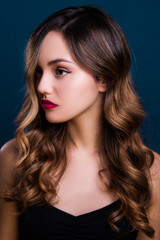 Balayage modern hair style long hair, model in studio, poster ready, isolated close up