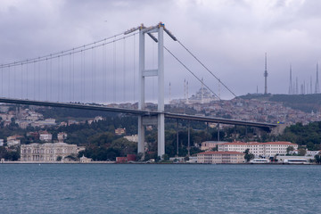 Fototapeta premium Fatih Sultan Mehmet Bridge over Bosporus in cloudy day Strait, Istanbul, Turkey