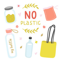 No plastic vector illustrations on white background. Cute symbols for ecological lifestyle. Glass bottle and jar and eco bag