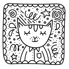 black and white doodle illustration of a cute cat in shirt in a frame