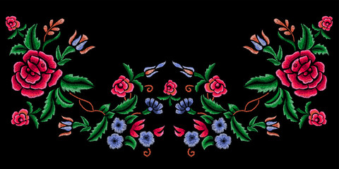 Embroidery neckline pattern with garden flowers. Vector embroidered floral patch