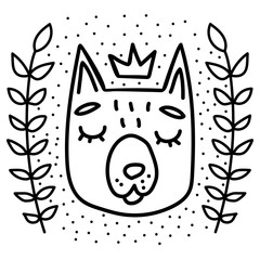 black and white doodle illustration of a cute dog with a crown in a frame of leaves