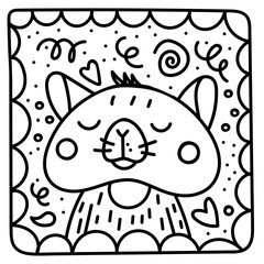 black and white doodle illustration of a cute hamster in a frame