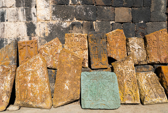 Khachkars, armenian cross stones in Sevanavank, a monastery complex located at the peninsula Sevan on the northwest coast of Lake Sevan, near the city of Sevan in Armenia