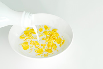 cereal with milk in a white plate for breakfast, space for text, isolate