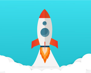 Rocket launch ship flat design on cyan background color.
