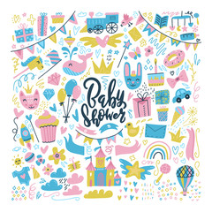Baby shower design elements, toys and clothes. Big Set of baby icons and simple patterns. Flat hand drawn doodle illustration.