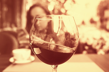 mediterranean restaurant food wine woman, street european cafe, glass of wine