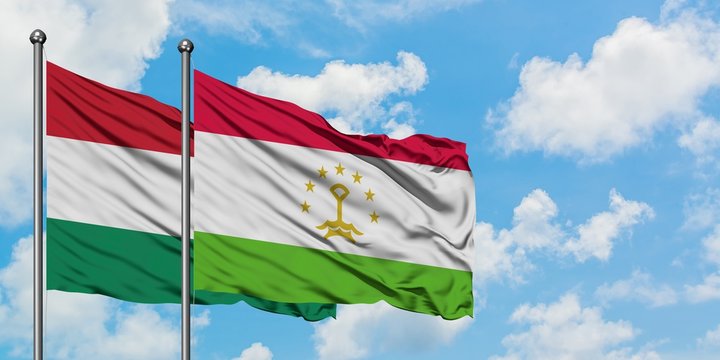 Hungary and Tajikistan flag waving in the wind against white cloudy blue sky together. Diplomacy concept, international relations.